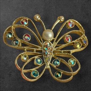 Vintage signed Emmons Butterfly Brooch AB Rhinestones & Faux Pearls